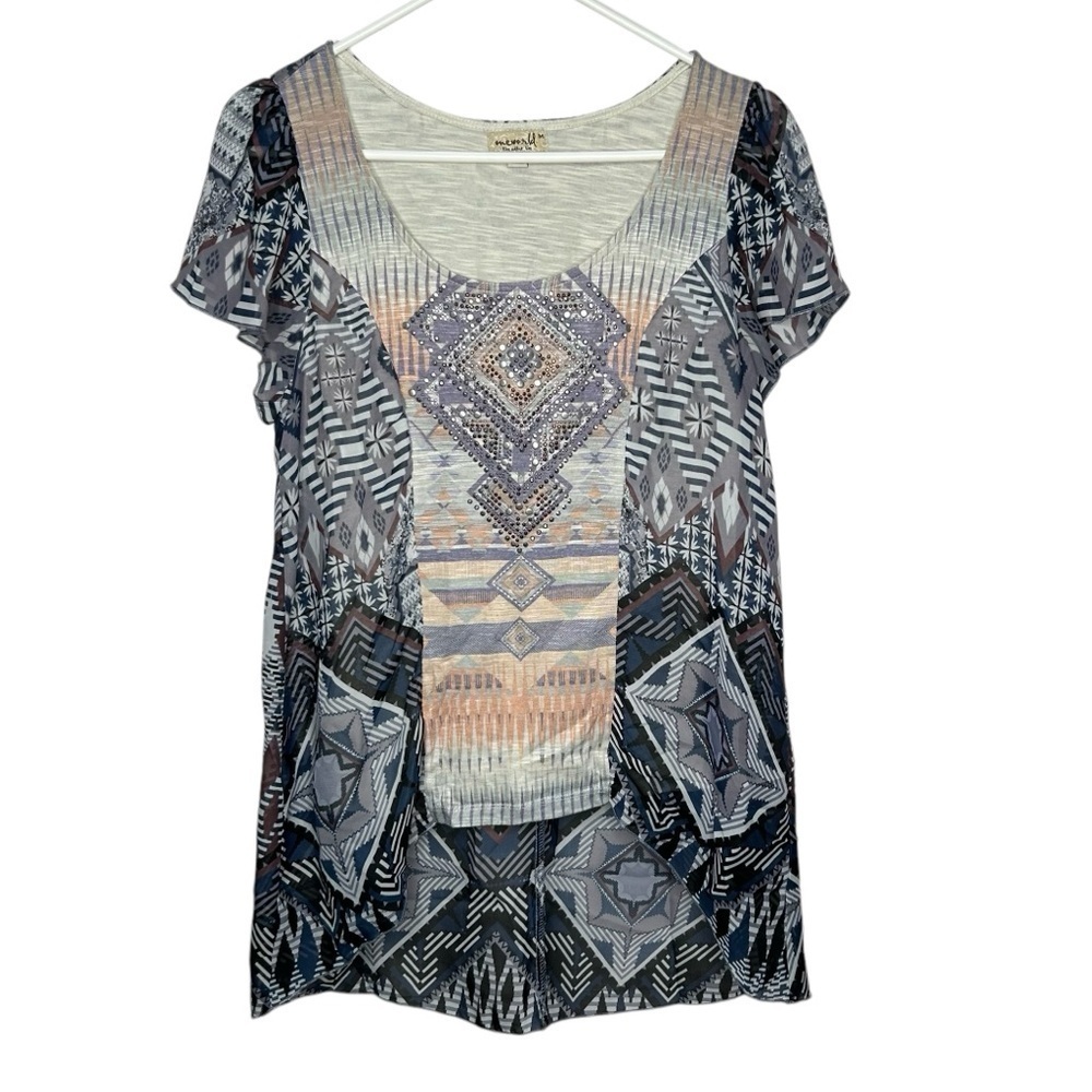 One World Women’s Aztec Blouse Size Medium Blue S/S